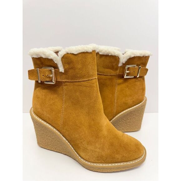 Franco Sarto Ankle Boots Size 8 Tan Leather Suede Shearling Wedge Heel Boots - Picture 3 of 9